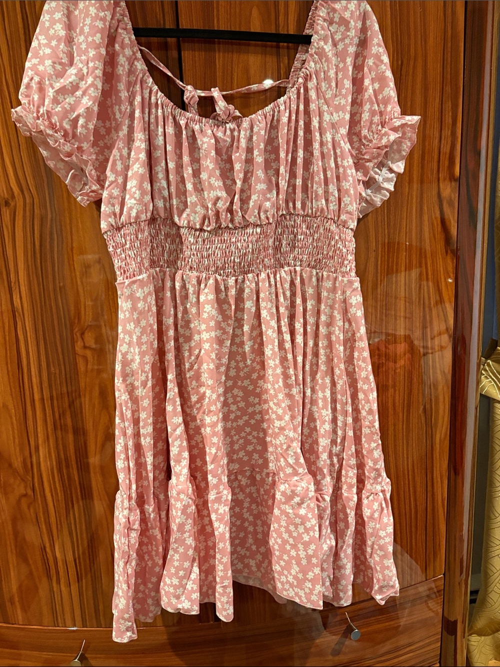 SHEIN Pink Floral Smocked Waist Puff Sleeve Dress
